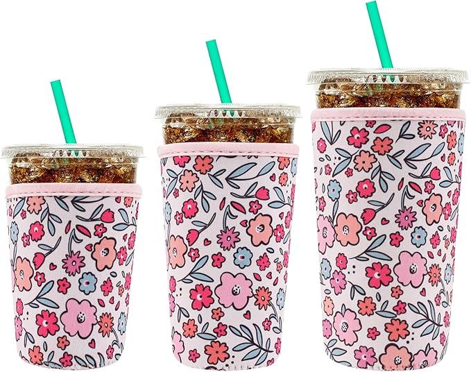 YR Reusable Neoprene Insulator Sleeve for Iced Coffee Cups, 3 Pack Coffee Coolies sleeves for Iced & Hot Drinks, Cold Beverage Cooler Compatible with Starbucks Coffee and More (Pink Floral Garden)