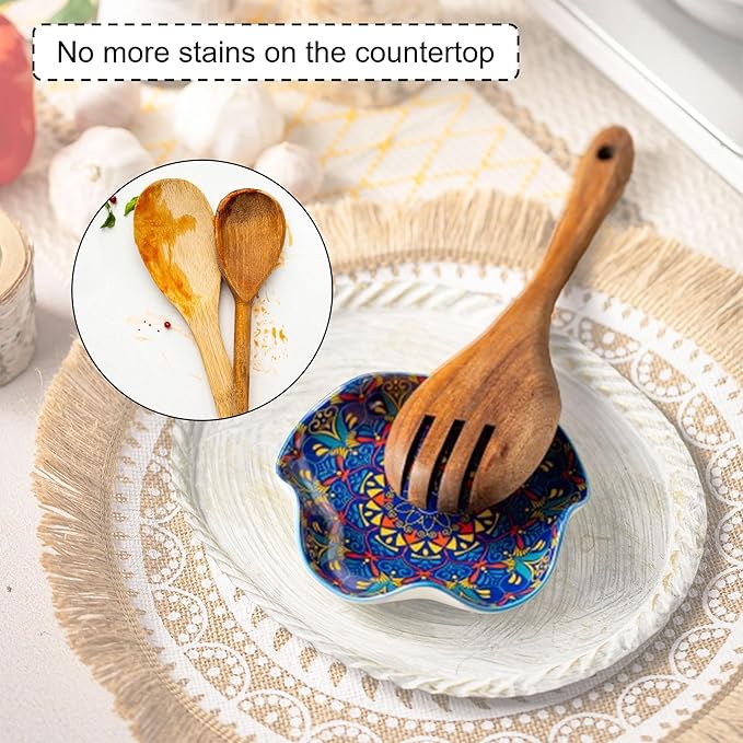 Spoon Rest for Kitchen Counter Boho Style Spatula Rest Spoon Holder, 5.3in Ceramic Stove Spoon Rest Cooking Housewarming Gift Modern Farmhouse Home DéCor