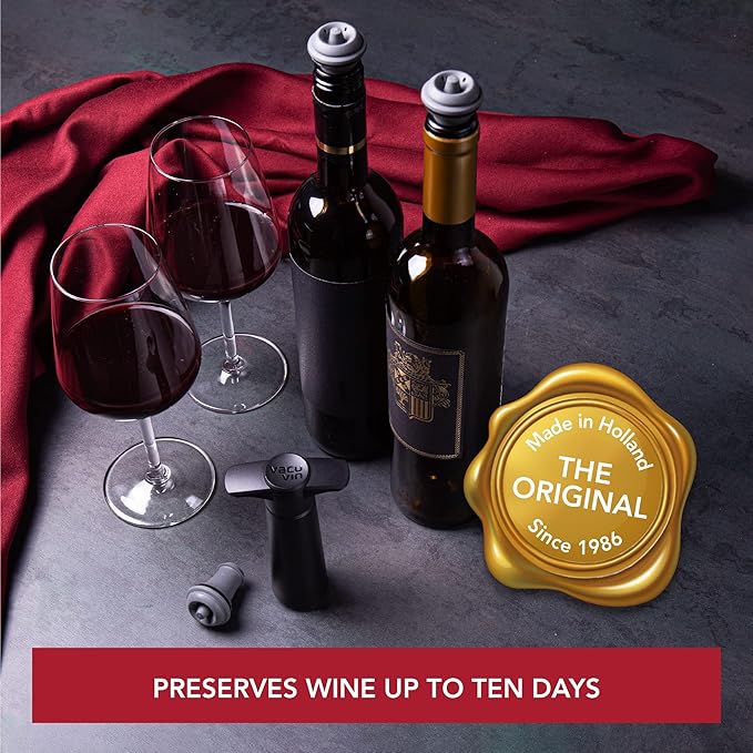 Vacu Vin Wine Saver Vacuum Stoppers – Airtight Seal for Opened Wine Bottles – Preserves Wine Freshness Up to 10 Days – Food Grade Rubber – Easy to Use Perfect for Every Occasion – Set of 2 – Gray