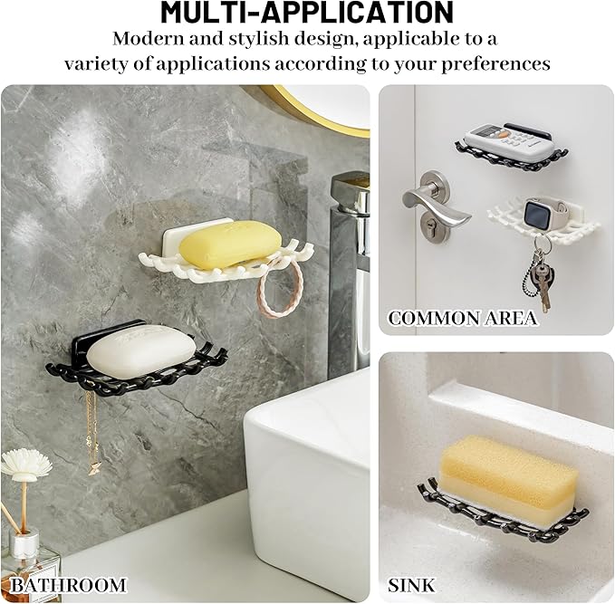 Soap Bar Holder for Shower Wall, Self Draining Soap Dish with Hooks, No Drilling, Bathtub Kitchen Sink Waterproof Adhesive Wall Mounted Dish (4 Pack, Black)