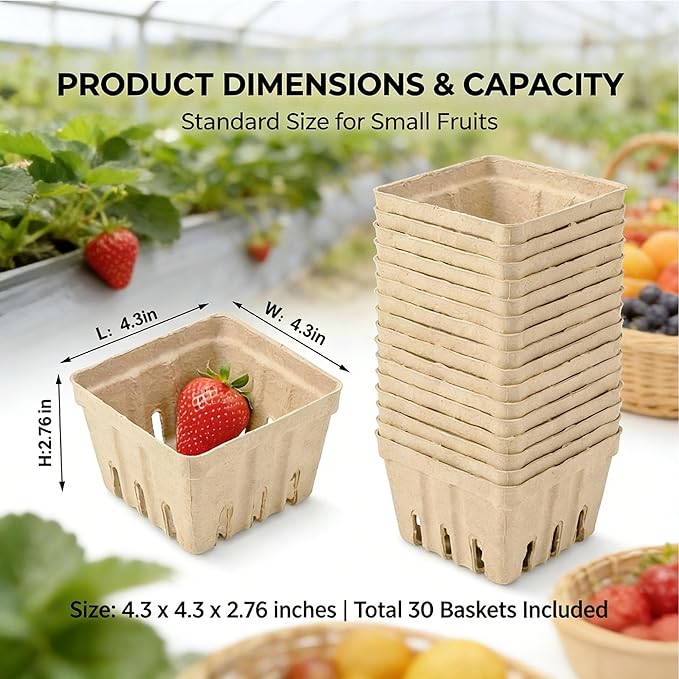 30 Pack Natural Pulp Fiber Berry Basket,Small Molded Produce Vented Basket Kitchen Supplies for Strawberry Blueberry Raspberry, Fruit Tray for Fruit Vegetable Farmer Market Grocery (Small)