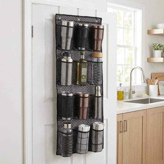 Water Bottle Organizer over the Door Cup Holder with 12 Large Pockets and Reinforced Bottom Tumbler Organizer Clear Mesh Cup Storage for Kitchen Pantry Cabinet Door Wall 41"×17"