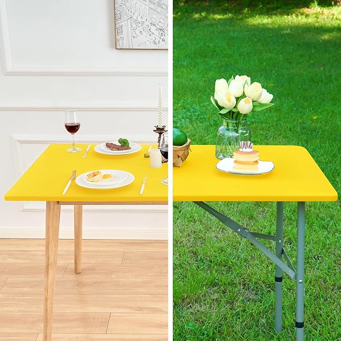 Fitted Rectangle Tablecloth 30 x 72 Inch Elastic Table Cloth for 6ft Table, Stretch Spandex Table Cover Gold Washable Polyester Table Top Cap Cover for Dining Picnic Camping Indoor and Outdoor
