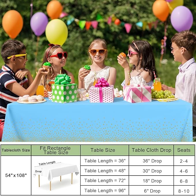 misaya 6 Packs Dot Disposable Table Cloth, 54 x 108 Inch Waterproof Plastic Tablecloth, Rectangle Gold Dots in Light Blue Table Covers for Picnic, Birthday, Party