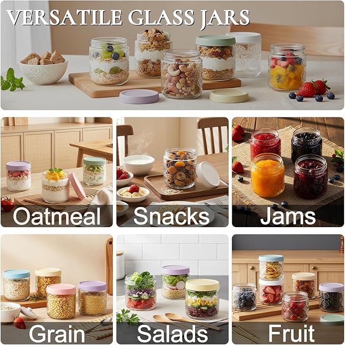 6 pack 16 oz Overnight Oats Containers with Lids, Glass Food Storage Container, Airtight Salad Jars, Mason Jars for Overnight Oats, Yogurt, Oatmeal, Salad, Coffee, Spices