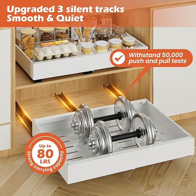 lockincar 2 Pack Expandable Pull Out Cabinet Organizer 21" Deep, Adjustable Width 12.2"-20.4" Slide Out Drawers & Roll Out Shelves for Kitchen Cabinets, Easy Install with Double-Sided Adhesive, White