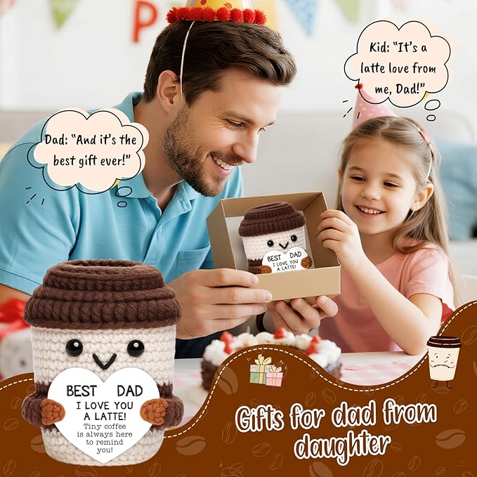 OCCdesign Mini Fathers Day Dad Gifts from Daughter Son Wife Crochet Coffee Cup Birthday Gifts for Men Father Husband Bonus Dads Stepdad Father-in-Law Daddy Best Dads Ever Gift Father's Day Ideas