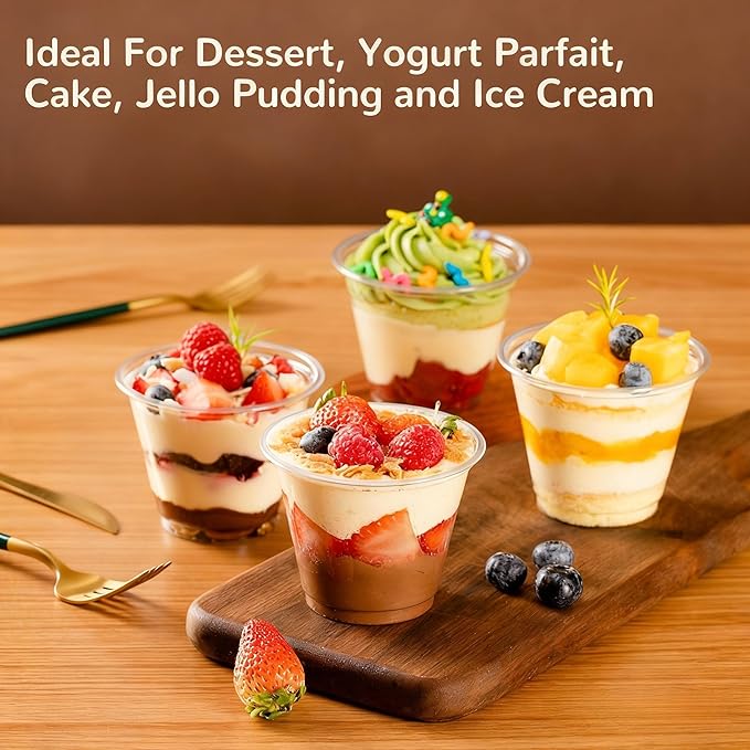 9oz Clear Plastic Cups with Flat Lids No Hole Disposable Togo Cups with Lids for Fruit Snack Yogurt Jelly Pudding Cold Drink in Party Picnic (50 Sets)