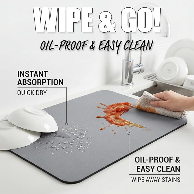 Extra Large Dish Drying Mats: 33"L x 17"W XXL Customizable Trimmable Non-Slip Absorbent Mat, Oil Stain Resistant Easy Clean Drip Catcher Counter Protector for Kitchen Sink Coffee Bar Espresso Machine
