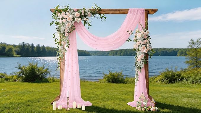 Socomi Pearl Table Runner Pink Summer Wedding Arch Draping Fabric 19FT Sheer Tulle Chiffon Gauze Cheese Cloth Outdoor Drapes for Birthday Party Baby Shower Bridal Engagement Decor