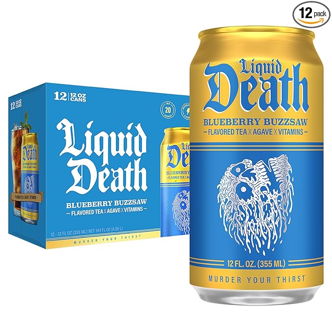 Liquid Death Iced Tea - Blueberry Buzzsaw (Blueberry-Flavored Black Tea), Less Sugar*, Boost of Caffeine, B Vitamins, No Artificial Sweeteners, 12 Fl Oz (Pack of 12)