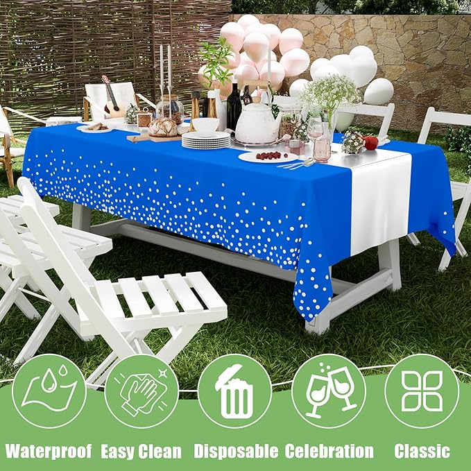 Smiry Plastic Table Cloth Disposable 3 Pack, 54 x 108 Inch Rectangle Waterproof Tablecloth, Printed Gold Table Runner Style for Birthday Weeding, Party Decorations, Leakproof & Sturdy, Blue and Sliver