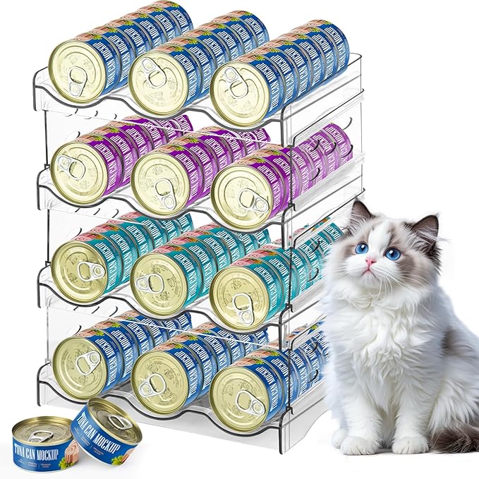 Large Cat Food Can Organizer – 4-Tier Holds 72 Cans (3oz–12.5oz), Clear Acrylic Mold-Proof Stackable Storage, Canned Food Pantry Organizer for Multi-Cat Households, Kitchen & Countertop (4 Layers)
