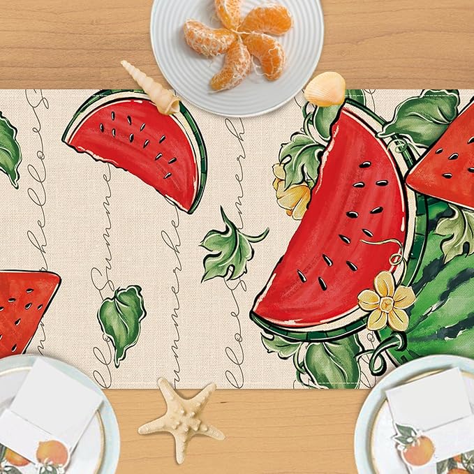 Seliem Hello Summer Watermelon Table Runner, Tropical Fruit Kitchen Dining Table Decor, Seasonal Burlap Home Decoration Indoor Outdoor Party Supply 13 x 90 Inch