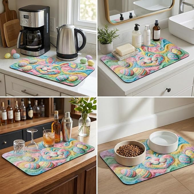 Pastel Rainbow Easter Dish Drying Mat: 12’’x20’’ Easter Smiling Bunny & Decorated Eggs Design Absorbent Non-Slip Counter Protector - Spring Holiday Kitchen Bar Coffee Mat Station Pad