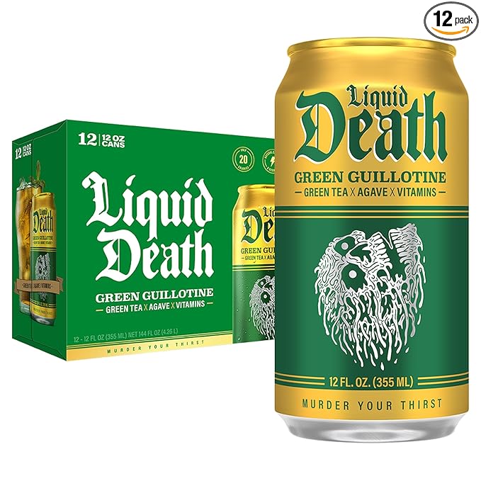 Liquid Death Iced Tea - Green Guillotine (Green Tea), Less Sugar*, Boost of Caffeine, B Vitamins, No Artificial Sweeteners, 12 Fl Oz (Pack of 12)