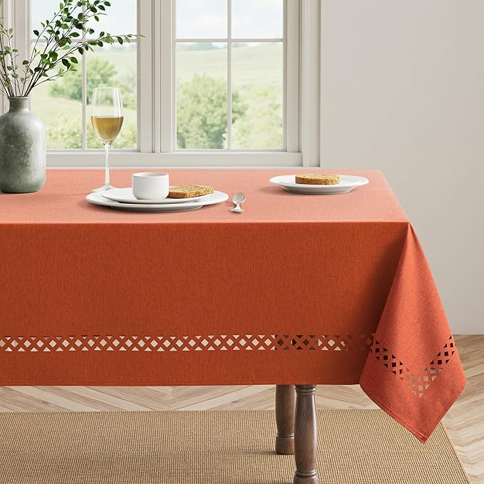 MIULEE Burnt Orange Rectangle Linen Polyester Fall Thanksgiving Tablecloth with Decorative Cutouts Waterproof Stain Resistant Table Cloth 60x104 inch Farmhouse Style for Dining Wedding Party