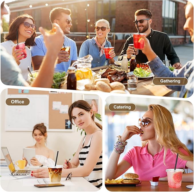 tchrules 100 Set 12oz Plastic Cups with Lids and Straws, Disposable Clear Iced Coffee Cup with Lid, Round Bottom Plastic To Go Cups for Cold Drinks Slushie Smoothie Lemonade Party Picnic Shop Supplies