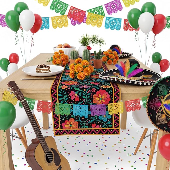 Mexican Fiesta Table Runner - Cinco De Mayo Decorations for Fiesta Party Decorations | Dia De Los Muertos Decorations Cinco De Mayo Rustic Linen Home Dining Room Kitchen Table Decor