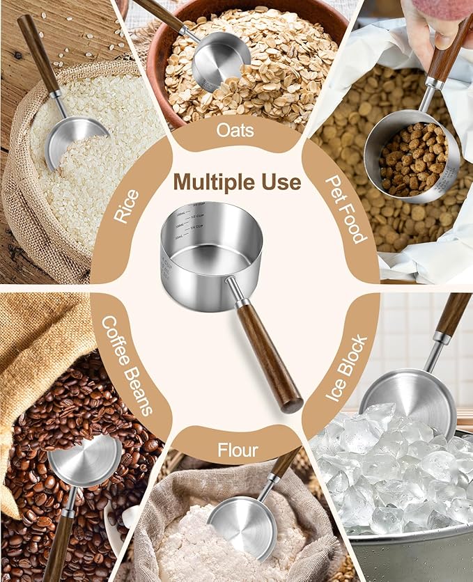 Stainless Steel Dog Food Scoop, Dog Food Measuring Cup With Measuring Lines (Cup/ML) & Long Wooden Handle, Metal Pet Food Scoop For Dogs, Cats and Kitchen Use, Dishwasher Safe (3/4 CUP)