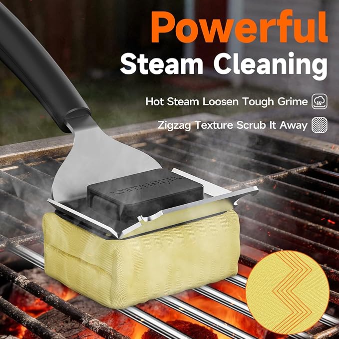 Bristle Free Grill Brush with Scraper for Outdoor Grill Cleaning, Safe Steam BBQ Grill Cleaner, Replaceable Head, Grilling Accessories for Cast Iron, Stainless Steel, Porcelain, Ceramic Grates - Black