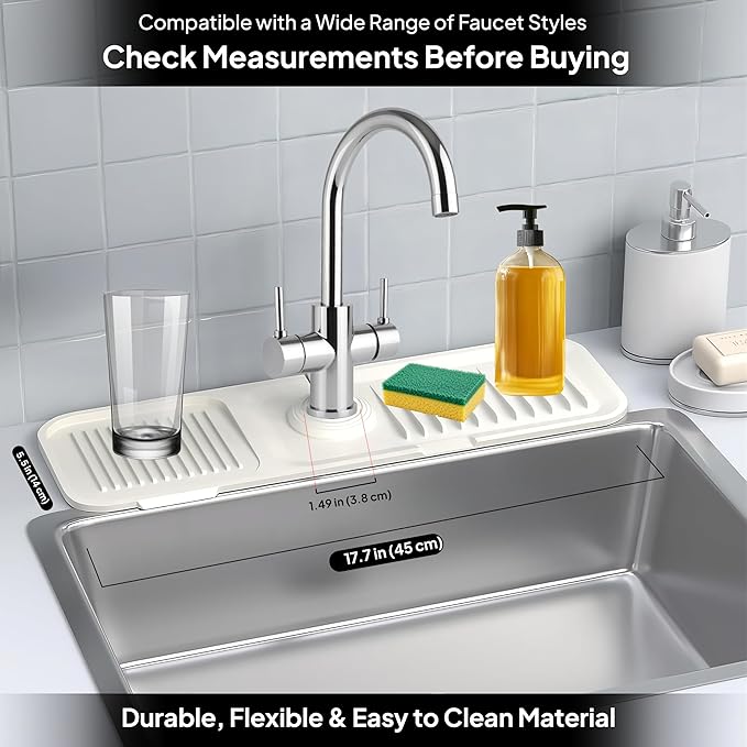17 Inch Silicone Faucet Mat for Kitchen Sink Splash Guard & Draining Tray Sink Protector with Soap & Sponge Holder White (Purest Peak)