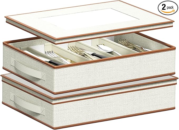 Aokeyee 2-Pack Silverware Storage Box, Sturdy Flatware Organizer with 5 Compartments & Adjustable Dividers, Utensil Case with Clear Lid & Handle for Knives, Forks & Spoons, Ivory