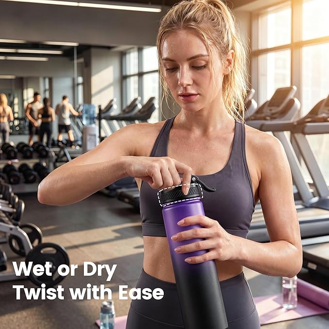 Fijinhom 24 oz Insulated Water Bottle, 2-in-1 Straw and Spout Lid Stainless Steel Thermos, Leak-Proof, Double Wall Vacuum Flask, Keep Cold 24H for Outdoor, Sports, Travel, School (Purple&Black)