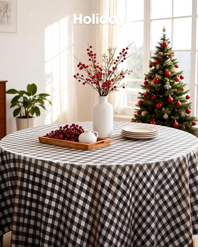 Pureegg Plastic Table Cloth Disposable 10 Pack, 84'' Round Table Cloths, Party, Picnic, Decorative Gingham Tablecloths, Round, Red and White Checkered Cover, Leakproof & Sturdy, Red Plaid