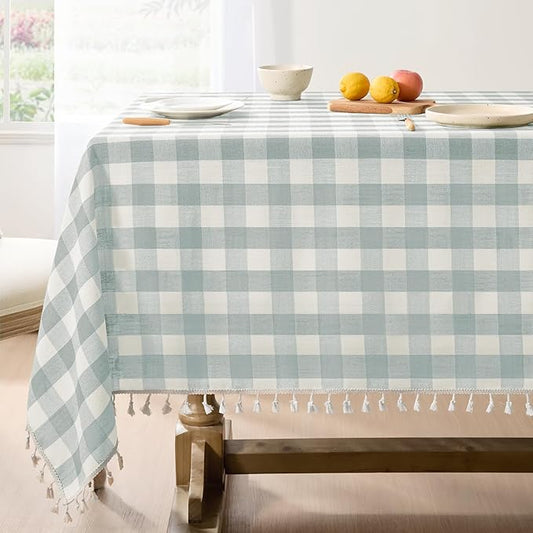 Softalker Checkered Tablecloth Rectangle, Outdoor Linen Cotton Gingham Table Cloth with Tassel, Heavy Duty Wrinkle Free Buffalo Plaid Table Cover for Kitchen Dining Summer Party - 55 x 84 Inch, Aqua