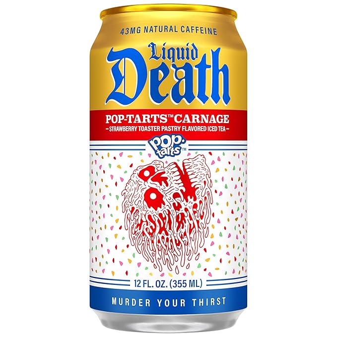 Liquid Death Iced Tea, Pop-Tarts™ Carnage (Pop-Tarts® Frosted Strawberry Toaster Pastry Flavored Black Tea), Less Sugar*, Boost of Caffeine, B Vitamins, No Artificial Sweeteners, 12 Fl Oz (Pack of 12)
