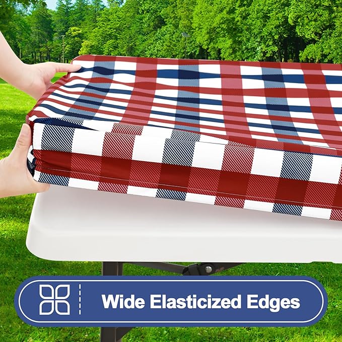 Smiry Picnic Table Cloth 2 Pack, Waterproof Elastic Fitted Tablecloths for 8FT Rectangle Tables, Washable Polyester Buffalo Plaid Tablecloth for Camping & Outdoor (Red & Blue, 30" x 96")