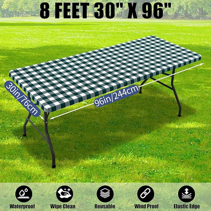 Smiry Picnic Table Cloth 2 Pack, Waterproof Elastic Fitted Tablecloths for 8FT Rectangle Tables, Washable Polyester Buffalo Plaid Tablecloth for Camping & Outdoor (Emerald Green & White, 30" x 96")