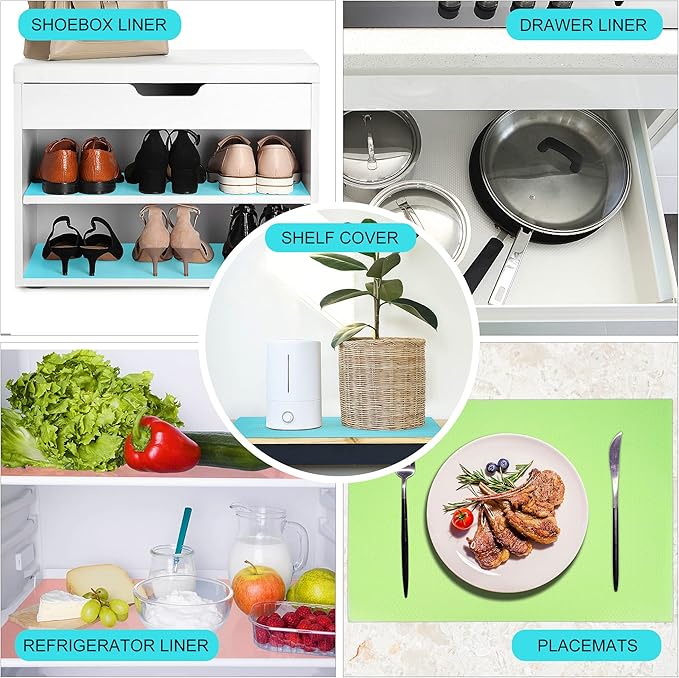8 Pcs Refrigerator Liners Mats Washable, Refrigerator Mats Liner Waterproof Oilproof, Shinywear Fridge Liners for Shelves, Cover Pads for Freezer Glass Shelf Cupboard Cabinet Drawer (8 Black)