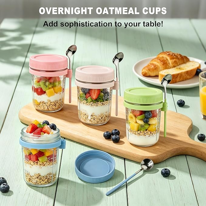 4Pcs Overnight Oats Containers with Lids and Spoons,16oz Glass Meal Prep Jars with Measurement Marks, Leak-Proof Breakfast Food Storage for Yogurt, Cereal, Salad, BPA-Free (4 Colors)
