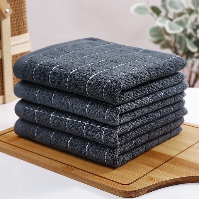 Homaxy 100% Cotton Terry Kitchen Towels(Dark Grey, 13 x 28 inches), Checkered Designed, Soft and Super Absorbent Dish Towels, 12 Pack