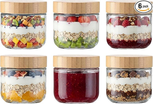 Vtopmart 6 Pack 10oz Glass Overnight Oats Containers with Bamboo Lids, Portable Wide Mouth Glass Jars Leak-proof, Reusable Food Storage Containers for Meal Prep, Jam, Sauce, Salad Dressing, and Snacks