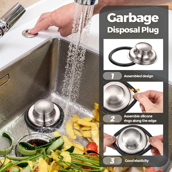 4 Pcs Brushed Silver Kitchen Sink Accessories Garbage Disposal Splash Guards 3.4'' Sink Drain Strainer and Stopper Stainless Steel Garbage Disposal Plug for Kitchen Drain Strainer