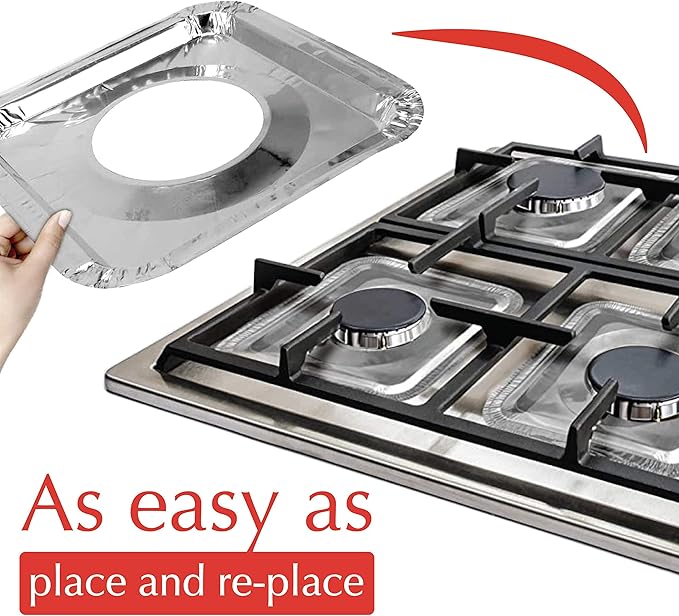 Disposable Gas Burner Liners 50 Pack, Aluminum Foil Square Stove Covers, Range Protectors, Stove Top Foil Covers for Gas Burners, Catch Food Spills, Aluminum Stove Burner Cover, Foil Liner 8.5x8.5 In