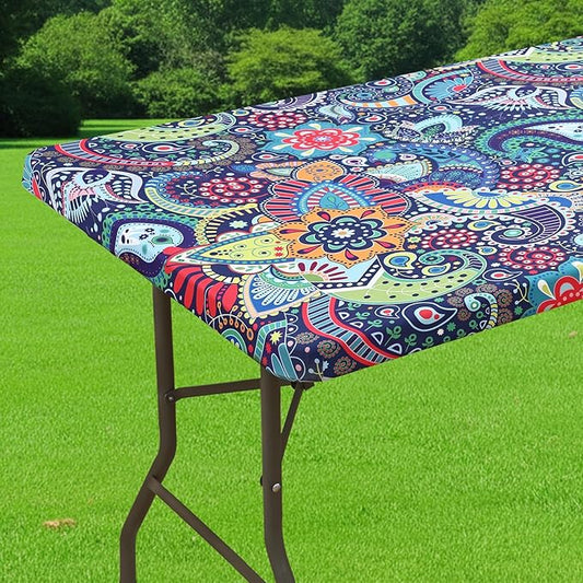 Smiry Spandex Fitted Tablecloth for 5 Foot Rectangle Tables, Washable Picnic Table Cover with Elastic, Stretch Reusable Table Cloth for Outdoor, Camping, Dining & Kitchen (Paisley, 30"x60")
