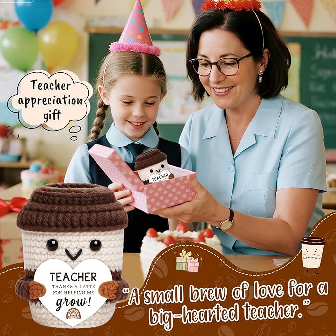 OCCdesign Mini Teacher Appreciation Gifts for Women Men Teachers Graduation Gift for Her Him Crochet Coffee Gifts for Birthday Retirement Thank You Gift Classroom Encouragement Handmade Coffee Cup