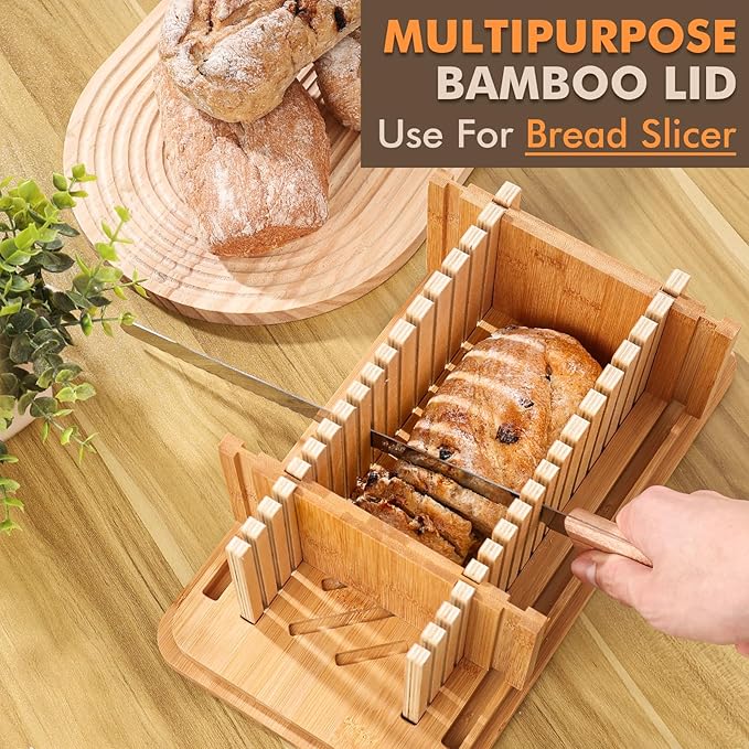 RYTOXILO Bread Slicer with Bread Box, Green Bread Storage Container for Kitchen Countertop with Multifunction Bamboo Lid, 3 in 1 Breadbox for Loaf Slicing & Tray, Bread Holder for Kitchen Counter