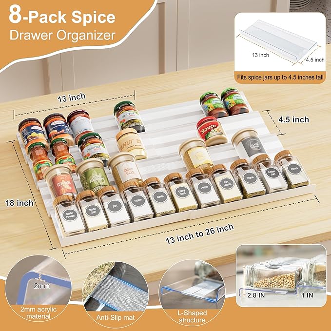 8-Pack Spice Rack for Drawer, Adjustable Seasoning Rack Tray, Expandable from 13" to 26" Kitchen Seasoning Organizers and Storage for Drawer, 2mm Acrylic, White (Jars Not Included)