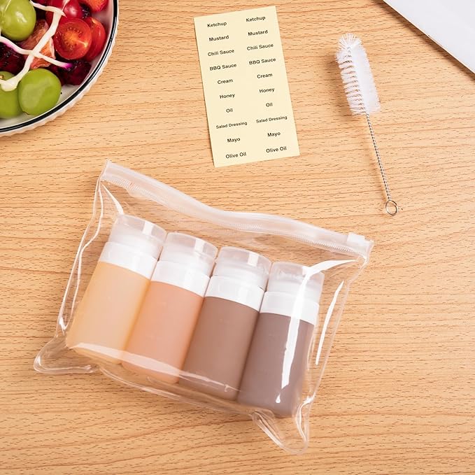 MICEBAY Condiment Squeeze Bottles for Sauces, 2-oz Mini Silicone Salad Dressing Container to Go with Reusable Sandwich Bag, Leakproof Sauce Bottle for Lunch Box, 4 Pack, Apricot