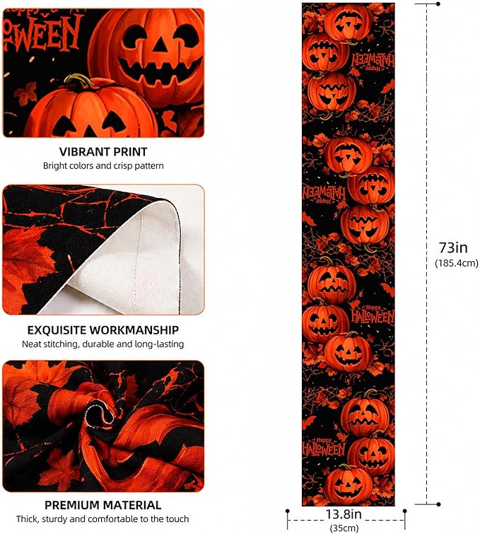 OHOME Halloween Decorations - Happy Halloween Pumpkin Table Runner | Halloween Party Favors Supplies Backdrop for Indoor Outdoor | Halloween Decor Tablecloth for Home Office Dining Kitchen