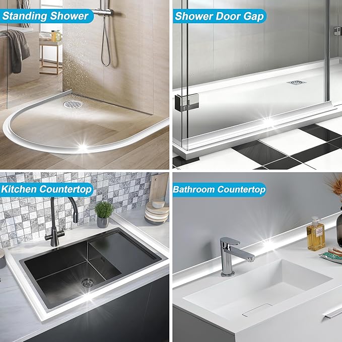 98Inch Shower Threshold Water Dam, Self-Adhesive Silicone Shower Barrier Water Stopper Shower Door Bottom Seal Strip Shower Splash Guard for Bathroom Kitchen Bathtub