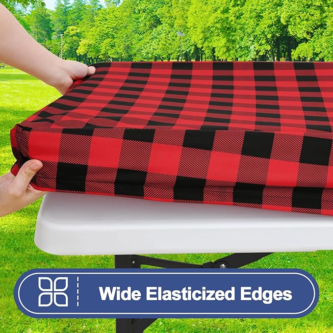 Smiry Picnic Table Cloth 2 Pack, Waterproof Elastic Fitted Tablecloths for 8FT Rectangle Tables, Washable Polyester Buffalo Plaid Tablecloth for Camping, Dining & Christmas(Black & Red, 30" x 96")