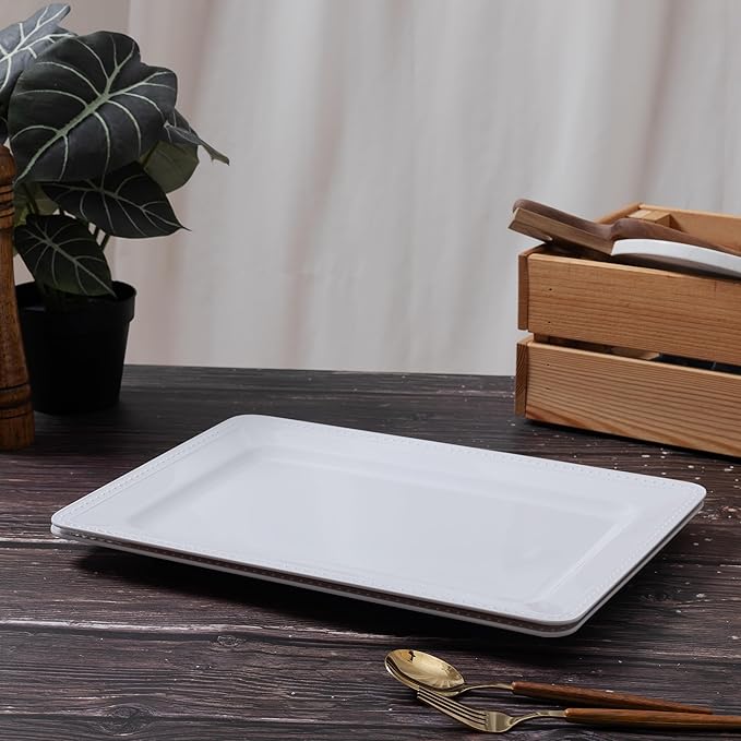 Melamine Beaded Serving Platters for Appetizer, Veggie, Charcuterie,Dessert, Set of 4, White Serving Trays for Party & Entertaining, Large Unbreakable Rectangular Party Platters, Dishes
