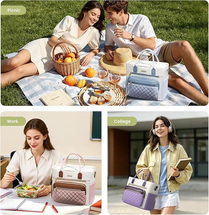 LOVEVOOK Insulated Lunch Bag Women,Wide Opening Adult Lunch Box Women with Cup Holder,Large Leakproof Cooler Bag for Work Picnic Beach Family College Mom,Lunch Teacher Breast Pump Diaper Tote Bag
