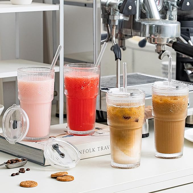 SoulTimes 20oz Ribbed & Floral Glass Tumbler Set of 4 – Reusable Glass Cups with Lid and Glass Straw, Iced Coffee Cups for Water, Smoothie, Milk, Cocktail & More – Perfect for Daily Use & Travel